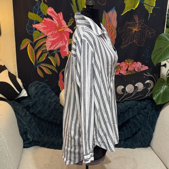 H&M V-Neck 100% Cotton Woven Striped Tunic Shirt, White & Blue with Pink, 12 - Picture 9 of 15